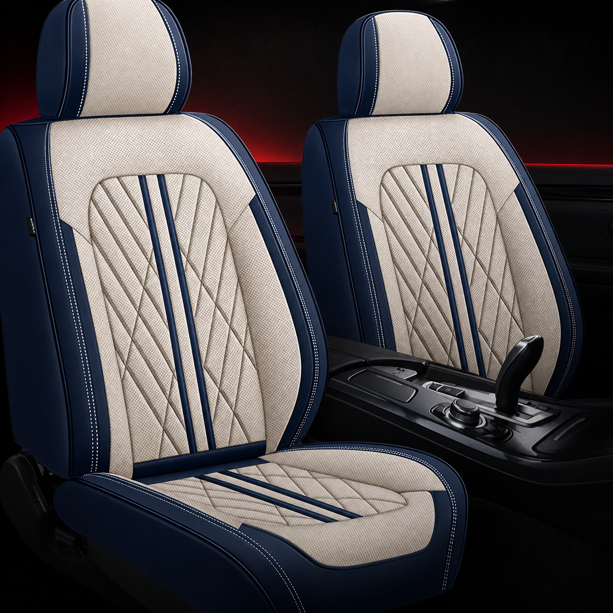 Beige and Blue Car Seat Covers — front seat covers on black graphite background