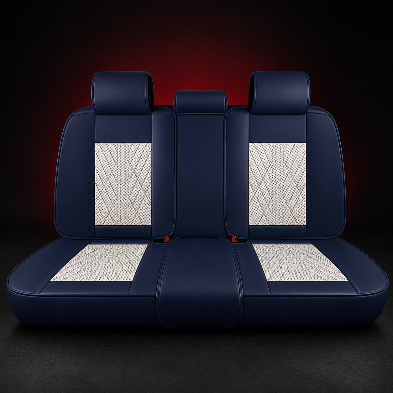 Beige and Blue Car Seat Covers — rear seat covers on black graphite background