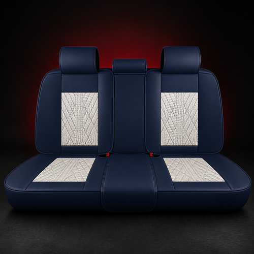 Beige and Blue Car Seat Covers — rear seat covers on black graphite background