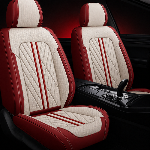 Beige and Red Car Seat Covers — front seat covers on black graphite background