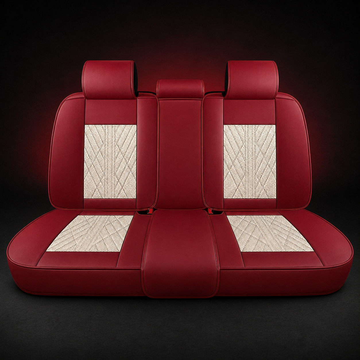 Beige and Red Car Seat Covers — rear seat covers on black graphite background