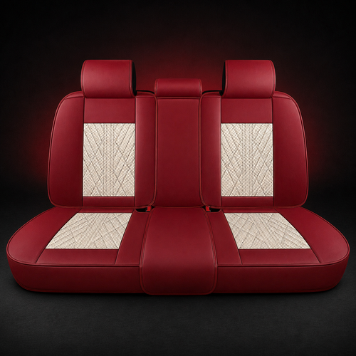 Beige and Red Car Seat Covers — rear seat covers on black graphite background