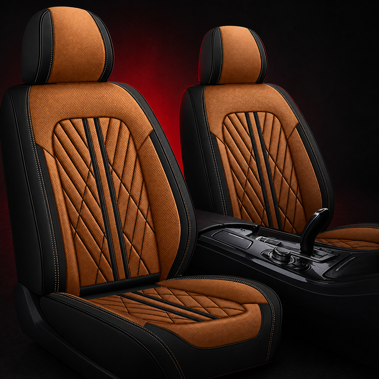 Brown and Black Car Seat Covers — front seat covers on black graphite background