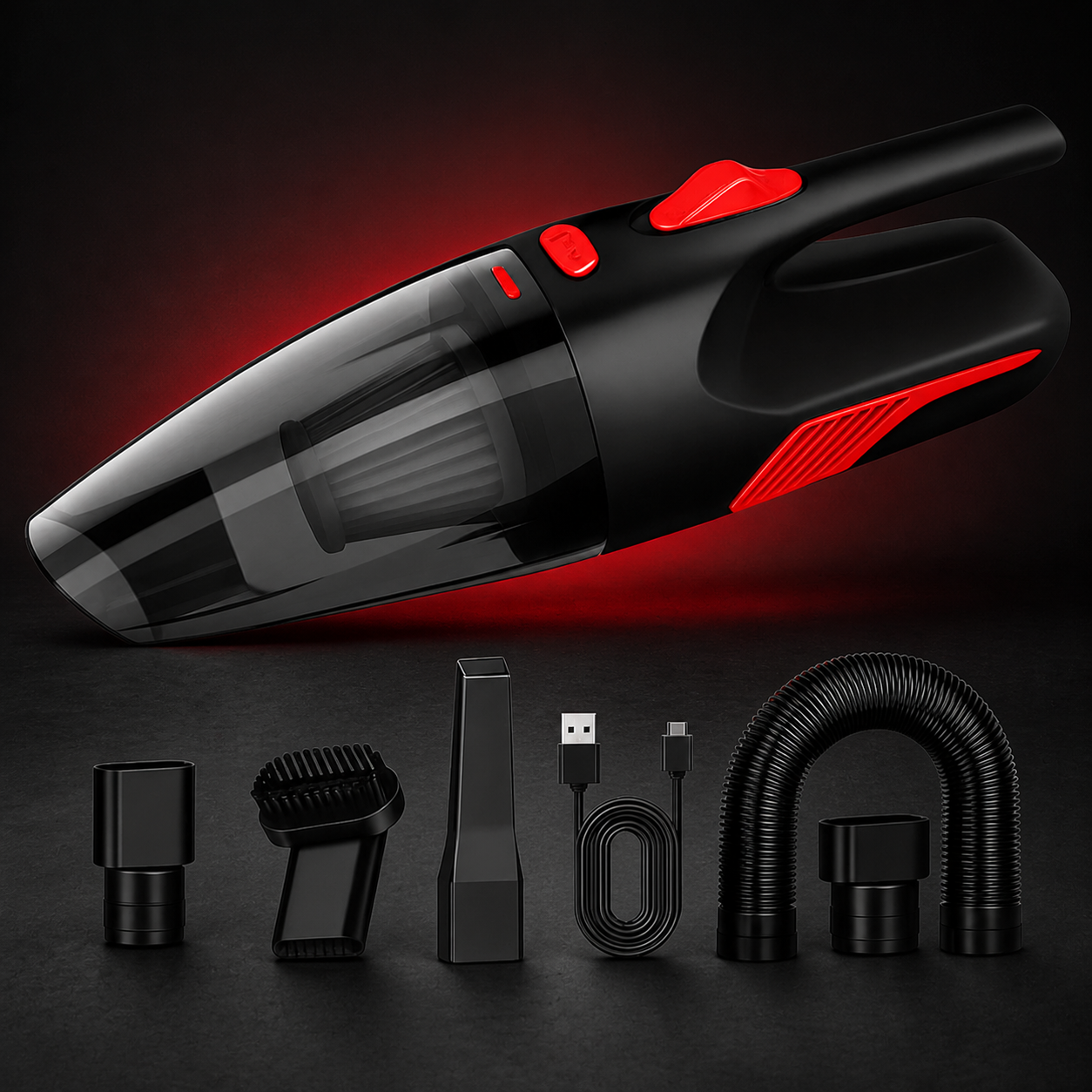 Cordless Car Vacuum in black and red with accessories on an Empire Motorsport studio background