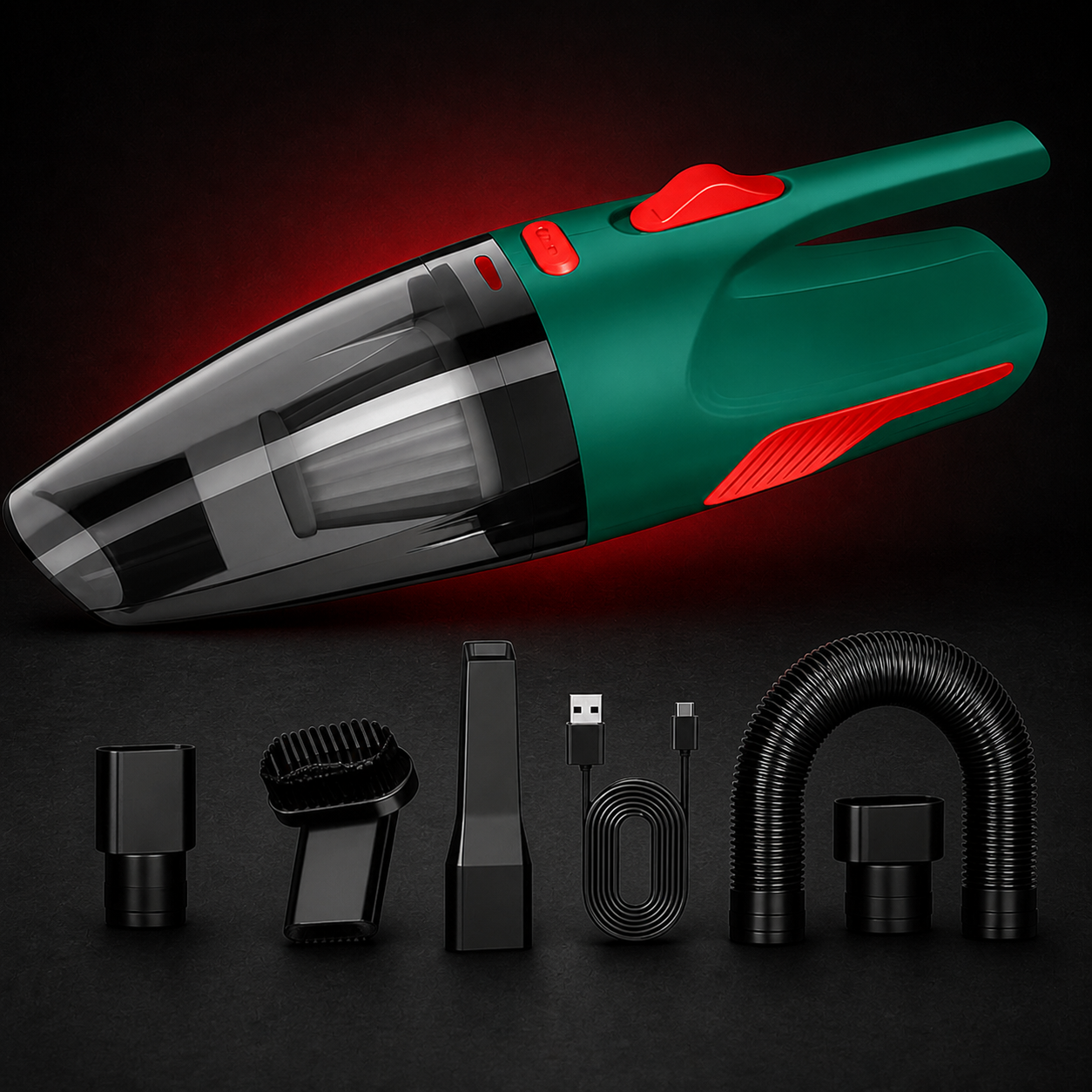 Cordless Car Vacuum in green and red with accessories on an Empire Motorsport studio background