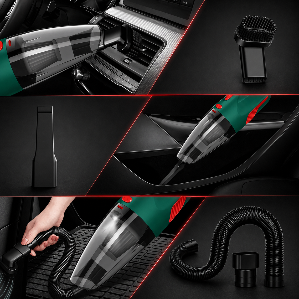 Cordless Car Vacuum accessory demonstrations in a text-free automotive collage
