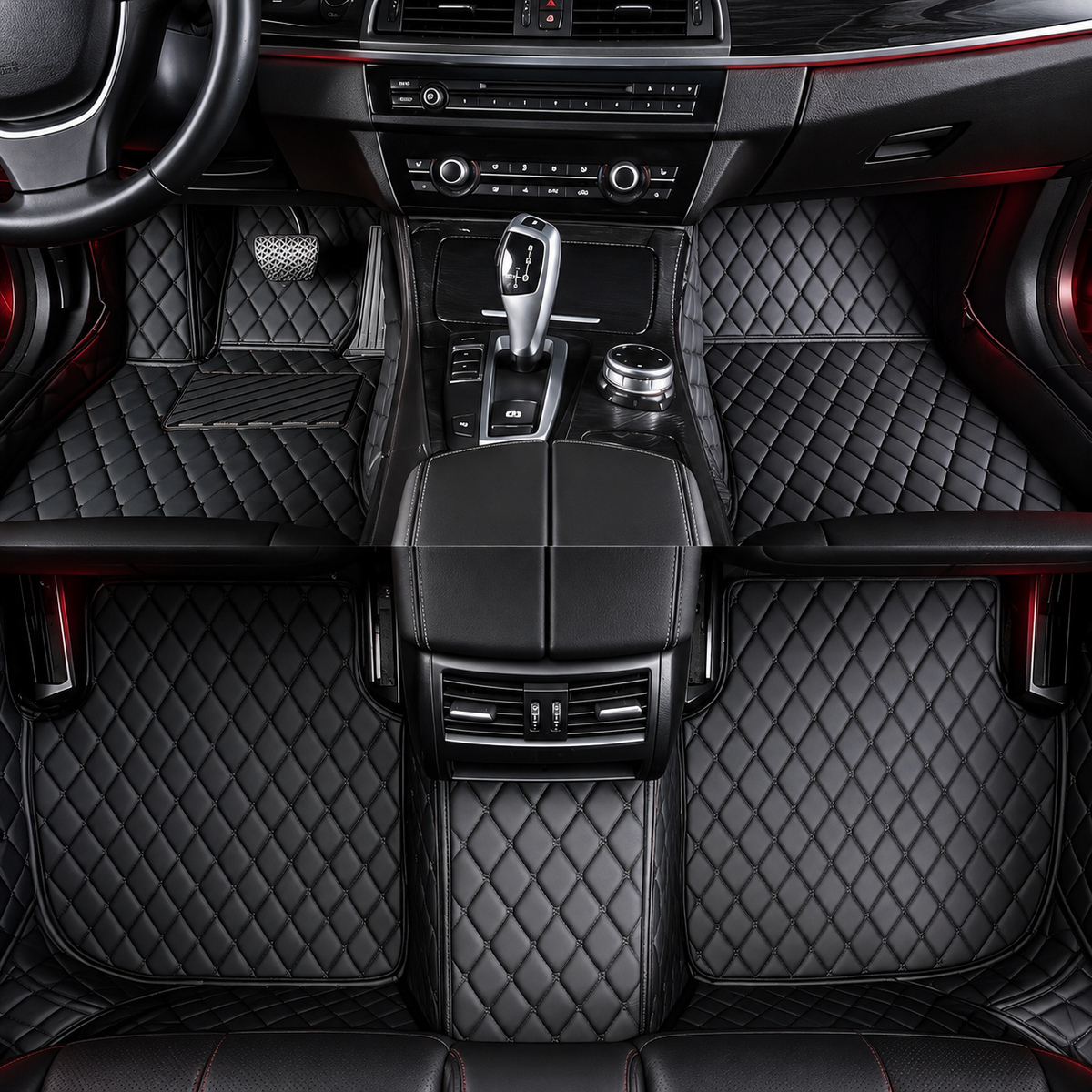 Black custom-fit diamond-quilted car floor mats